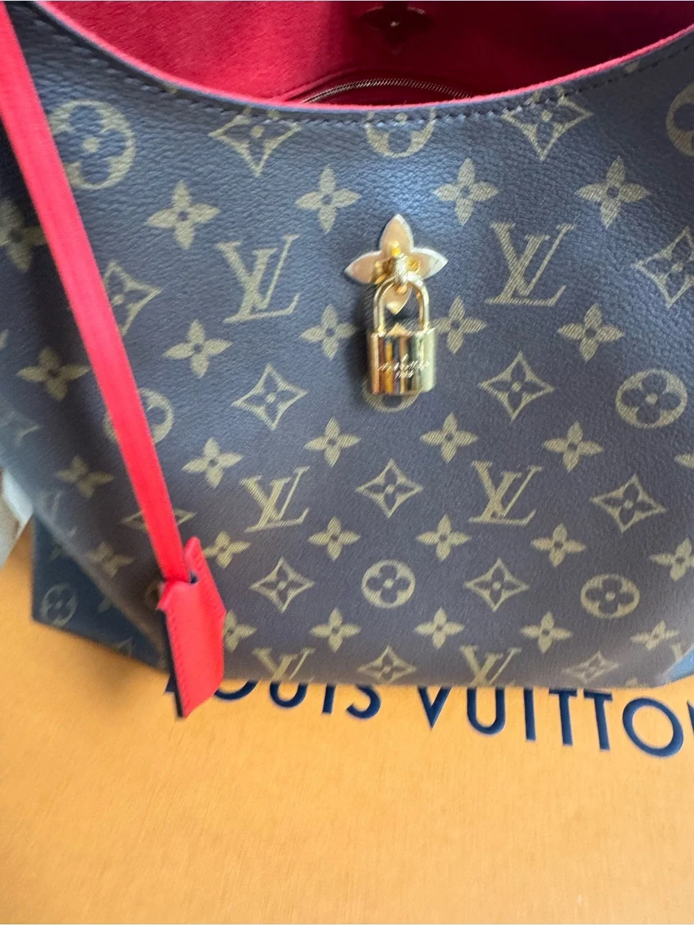 Louis Vuitton Brown Monogram Hobo with Red Trim and Gold Lock